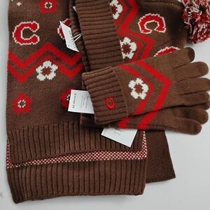 Coach Brown and Red Knit Scarf and Gloves Set